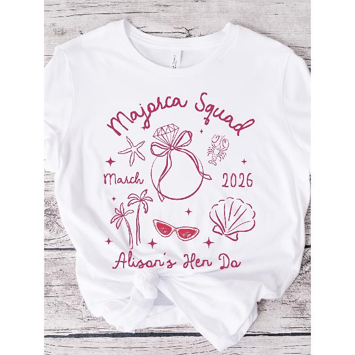 Personalised Majorca Hen Party Group Shirts Hen Party T Shirts Bridal Party Doodle Art Shirts Matching Bridal Crew Location Hen Bach TShirts S белый