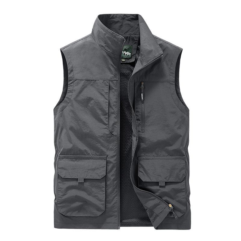 Four Seasons Middle-aged and Elderly Men's Vest Thin Sleeveless Stand-Up Collar Multi-Pocket Quick-Drying Vest Large Size Vest