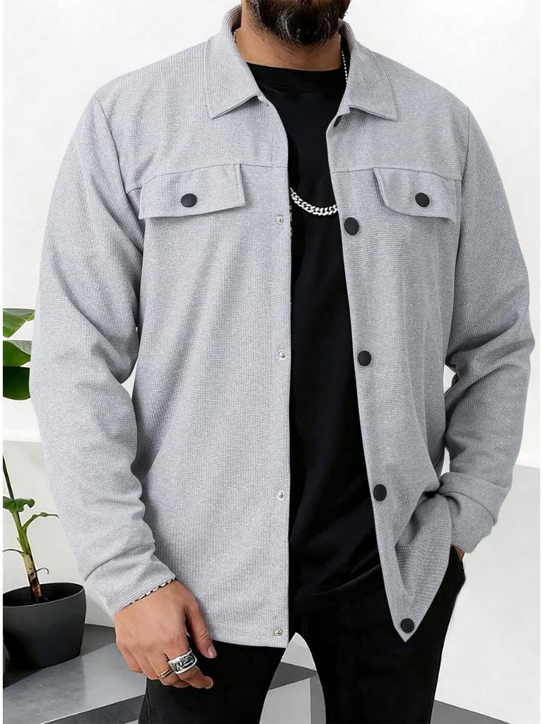 Men's Autumn Waffle Texture Solid Color Long Sleeve Jacket with Pocket