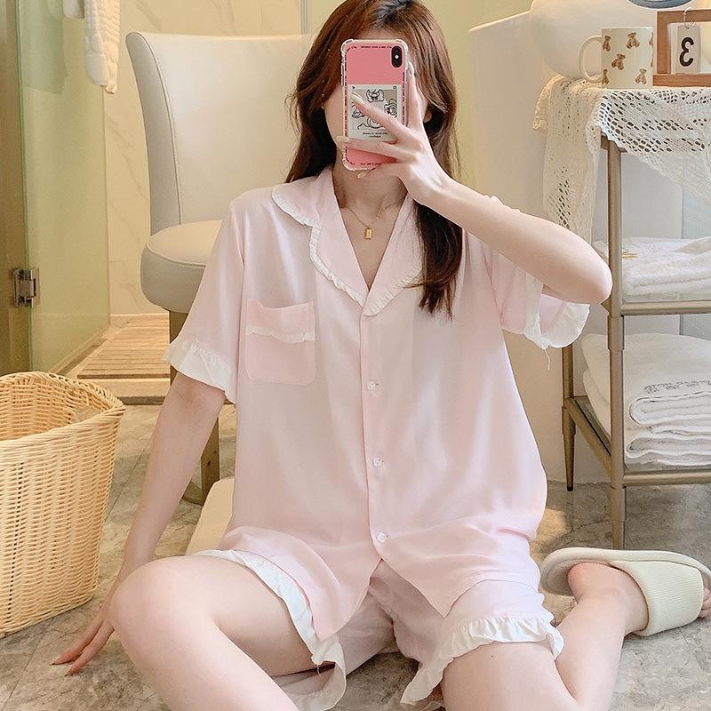 Summer cotton silk pajamas women's thin short-sleeved cardigan cute bow can be worn outside artificial cotton loungewear set