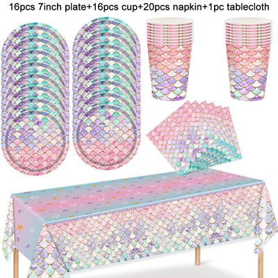 Conjunto de Louça Descartável Sereia Prato de Papel Copo Guardanapo Toalha de Mesa Crianças Meninas Pequena Sereia Decorações de Festa de Aniversário Suprimentos