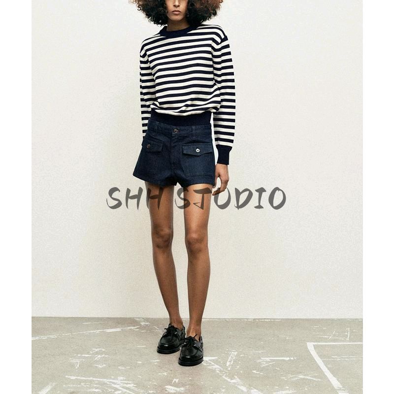 Spring New Women's Clothing Retro Crew Neck Long Sleeves Stripes Casual Short Sports Knitwear 5536009