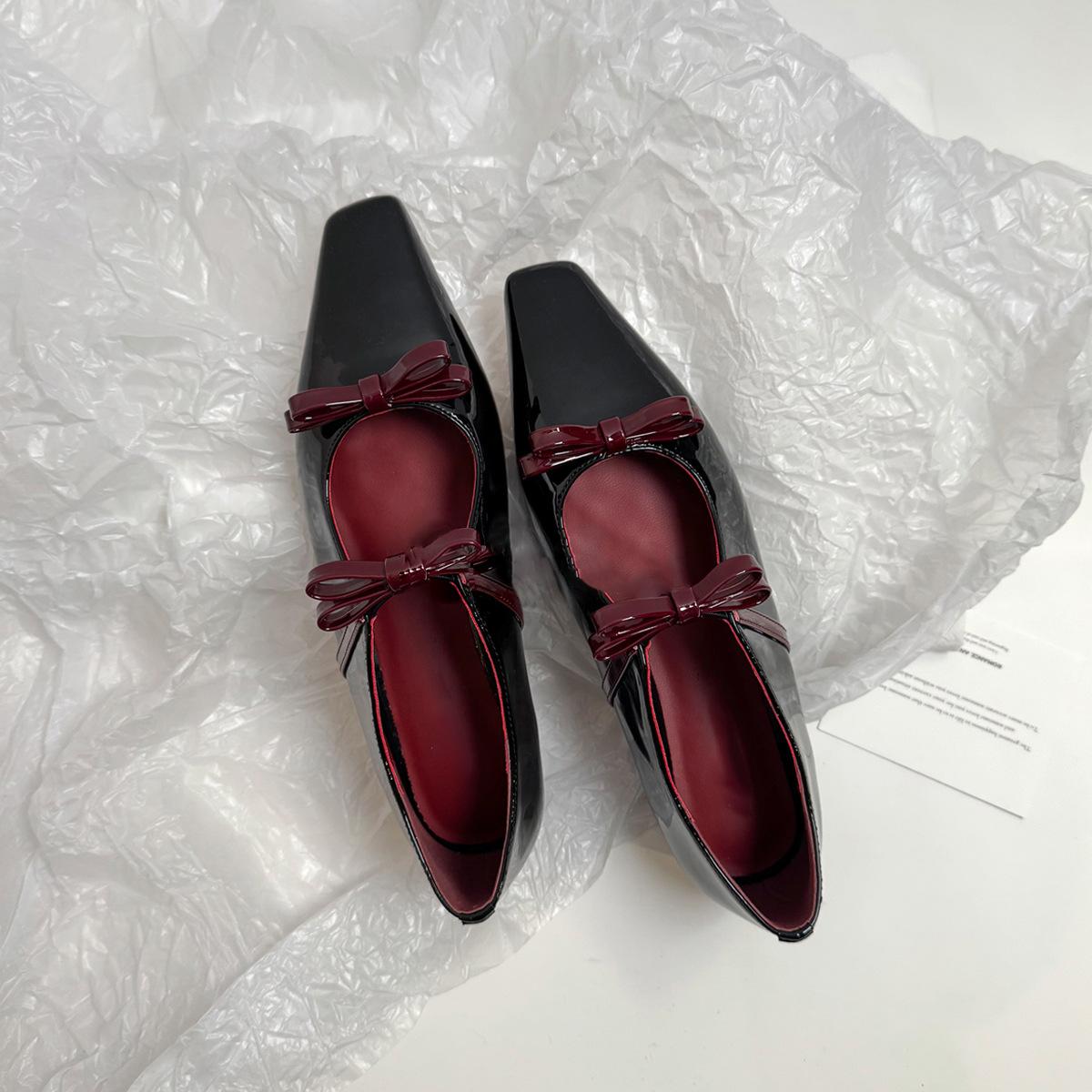 

Sheepskin version~ Small square head bow Mary Jane shoes women s inner height increase shallow mouth gentle French temperament flat shoes 35