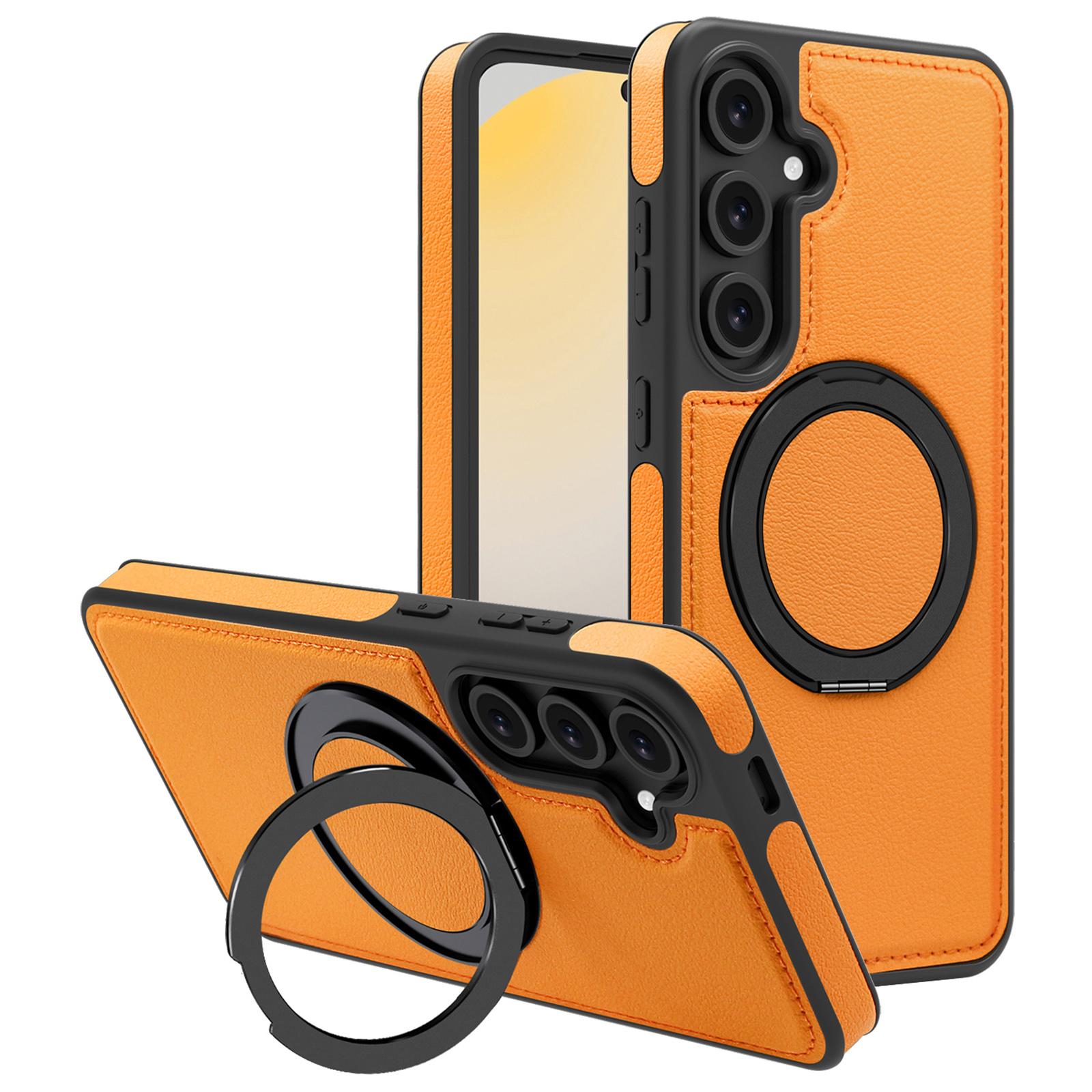 

For Samsung Galaxy S24 FE Case with Ring Kickstand Compatible with MagSafe PU Leather Back Cover Orange