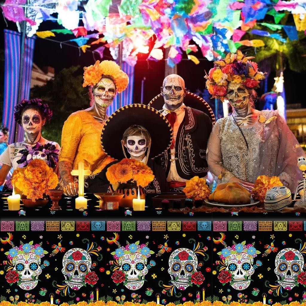MEHOFOND 3 Pcs Day of The Dead Plastic Tablecloth, Dia De Los Muertos Disposable Table Cover for Halloween, Mexican Skull Floral Fiesta Party