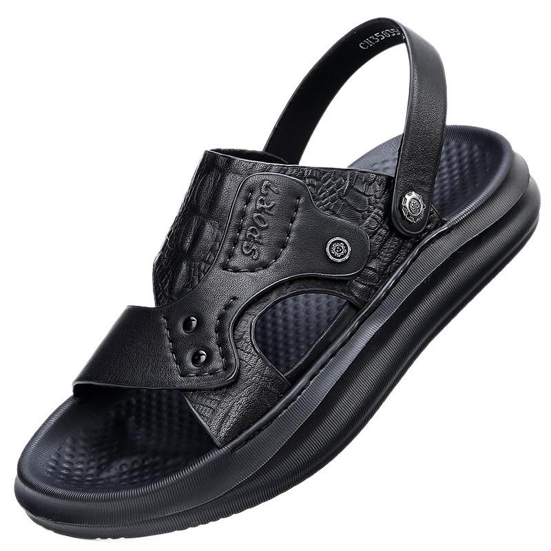 Mens Genuine Leather Slide Sandals Breathable Anti-Slip Outdoor Beach Shoes With Rear Strap