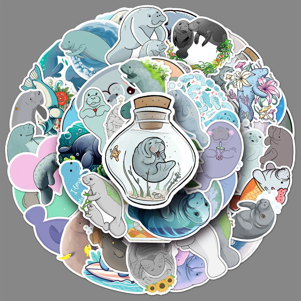 50 Manatee Doodle Stickers Personalized Cartoon Cute Marine Animals Decorative Skateboard Suitcase Stickers