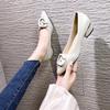 Pointed head shallow mouth single shoes women's new spring thick heel soft leather surface low heel square root letter square buckle fashion shoes