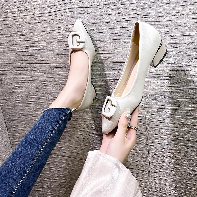 Pointed head shallow mouth single shoes women's new spring thick heel soft leather surface low heel square root letter square buckle fashion shoes