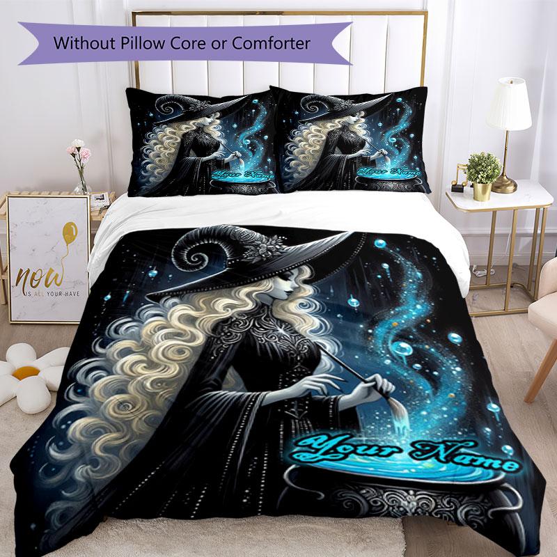3pcs Custom Name Witchcraft Spell Magic Night Bedding Set Printed Bedding Set Duvet Cover Closure Includes 1 Duvet Cover & 2 Pillowcases Bedroom Decor