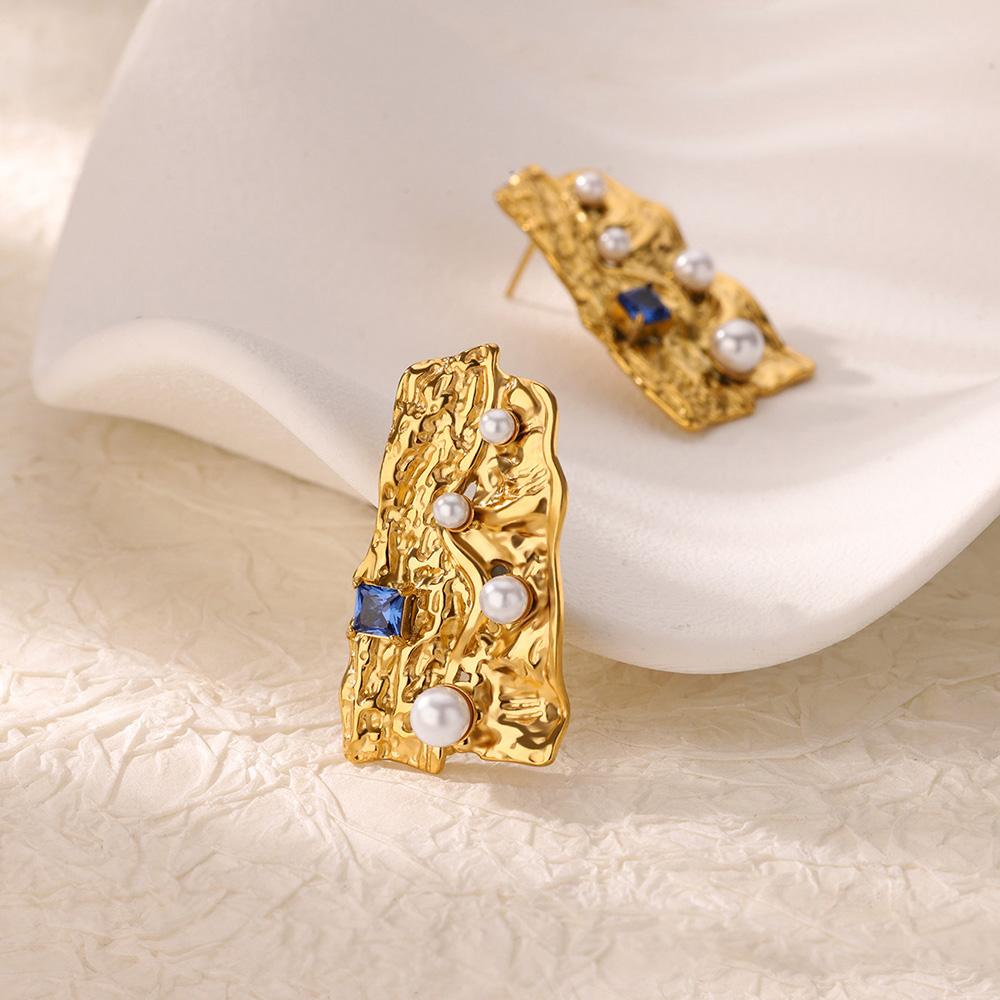 Vintage Blue Zircon Textured Stainless Steel Earrings Women 18K Gold-plated Artificial Pearl Earring Chunky Jewelry Accessories