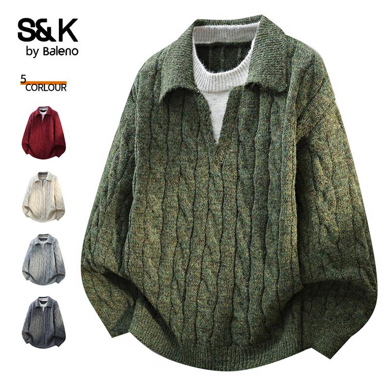 Baleno Men s S&K Series Loose Fit Cable Knit Turn-Down Collar Sweater 4XL