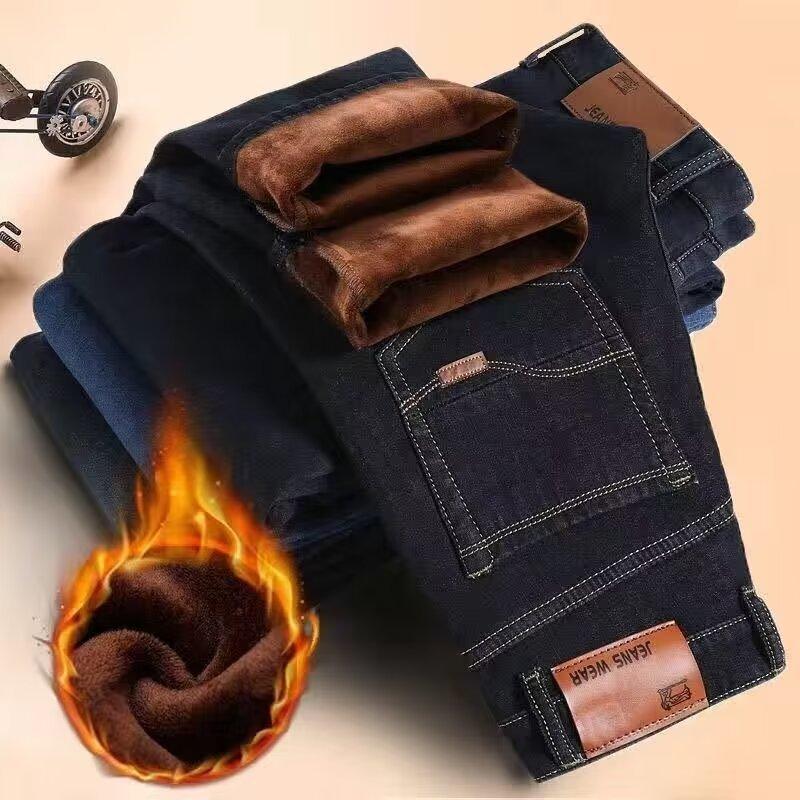

Men s Autumn Winter Jeans Fleece Lined Thickened Straight Leg Loose Fit Cold Outdoor Wear 38