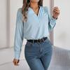 Women Shirt Layered Collar V-Neck Long Sleeve Solid Color Tops Loose Fit Casual