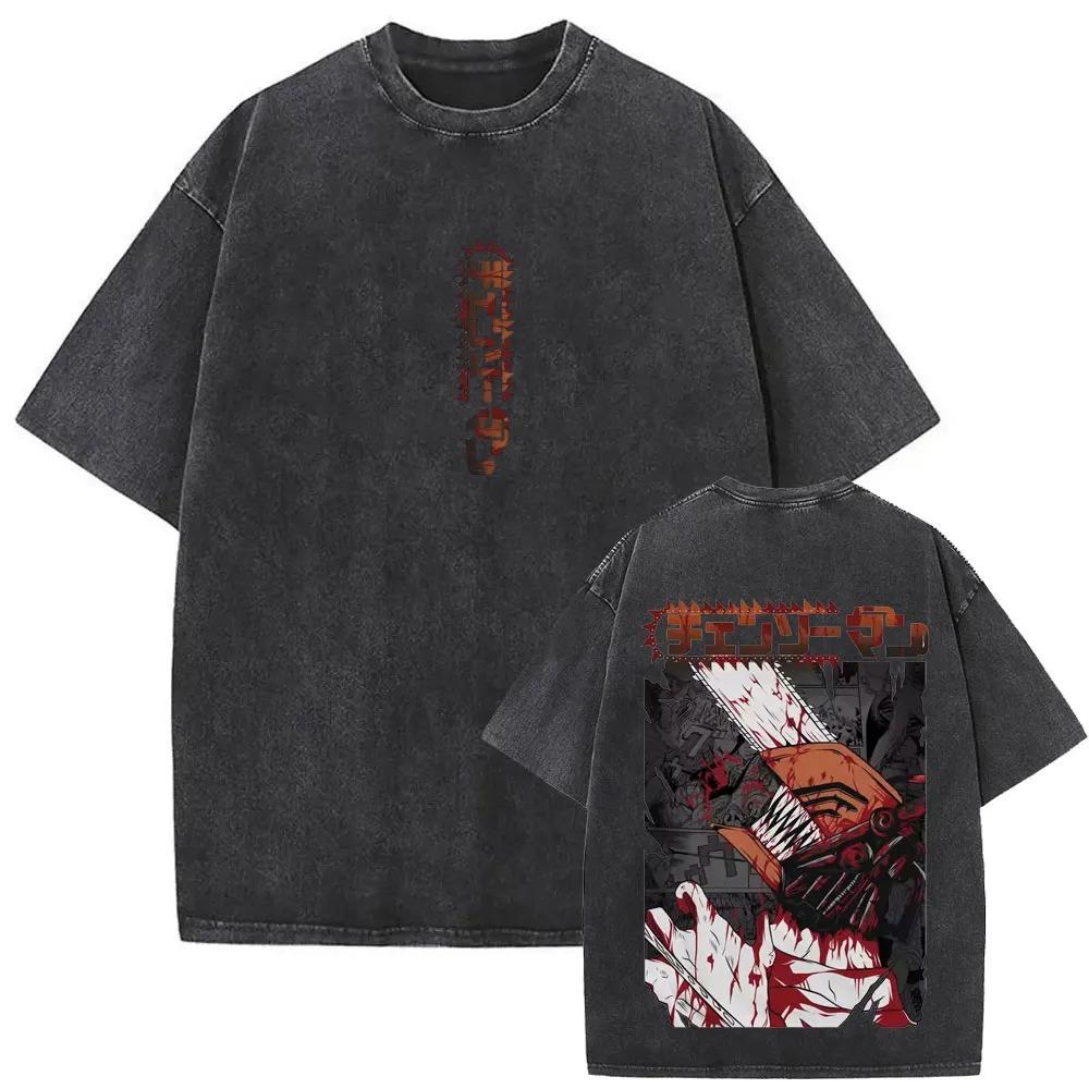 2026 Anime Chainsaw Man Vintage Washed T-shirt Hayakawa Aki Summon Kon Fox Devil Graphic T Shirts Men Women Casual Fashion T-shirts