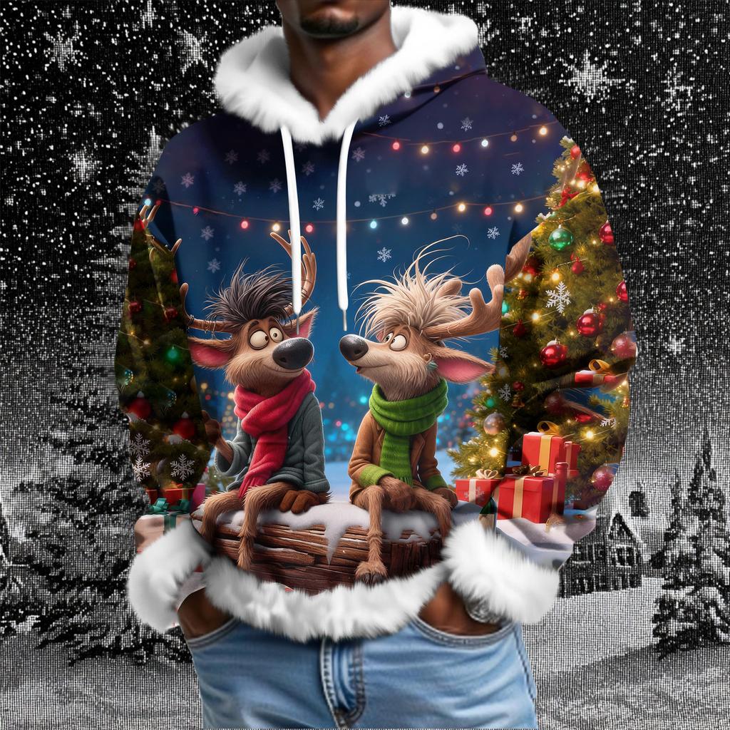 Men's Christmas Printed Lined Hoodie | Faux Trim Party Sweatshirt With Pocket | Plus Size Loose Fit Holiday Pullover