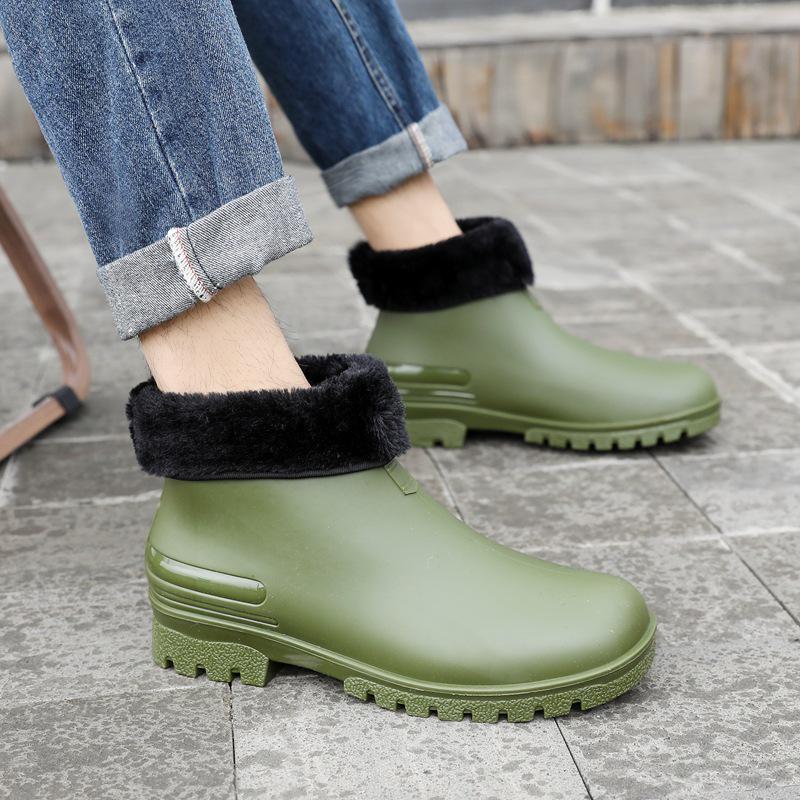 Unisex Waterproof Rubber Ankle Boots with Fleece Lining - Non-Slip and Lightweight for Outdoor Wear