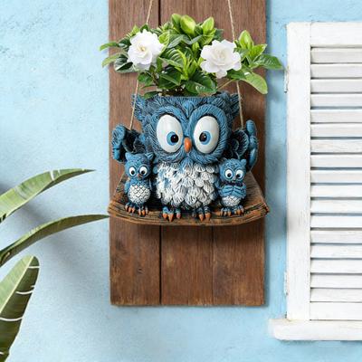 Flowerpot Blue Owl Resin Ceramic Hanging Planter with Detailed Texture Weather-Resistant Indoor Outdoor Decorative Plant Holder
