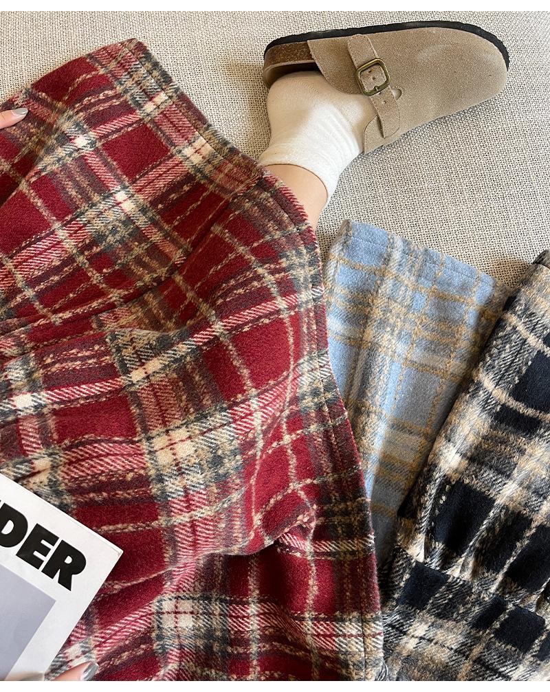 Vintage Plaid Wool A-line Skirt for Women - High Waist, Mid-Length, Autumn/Winter 2025 Collection