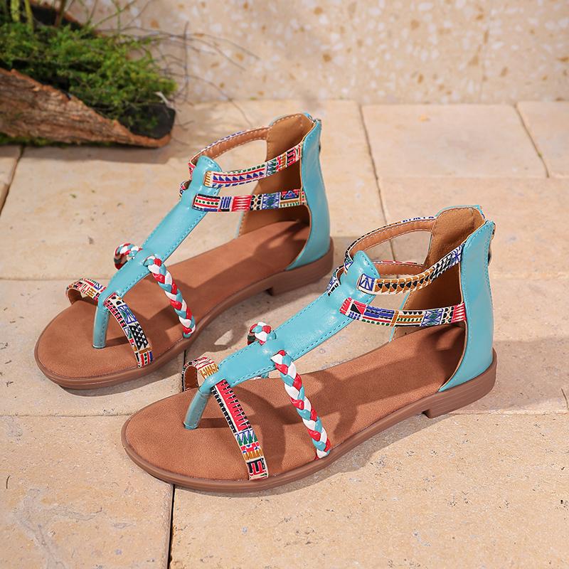 Fashion Plus Size 35-43 Women Sandals Summer New Bohemian Style Retro Gladiator Flat Shoes Mix Colors Patchwork Back Zip Rome Sandals