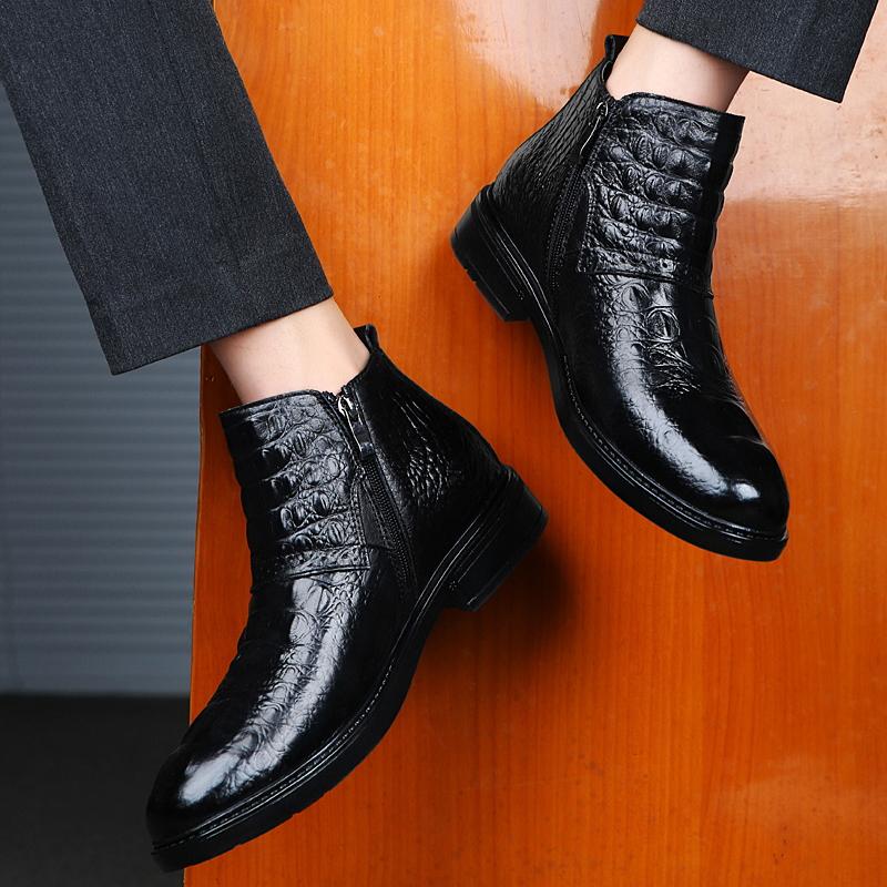Fashion Fashion Crocodile Patterned Genuine Leather Mens Boots Luxury Brand Winter Fleece Warm Chelsea Boots High-quality Handmade Boots