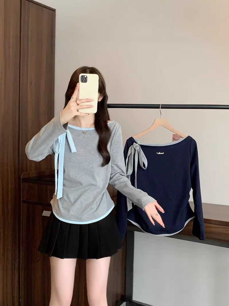 Spring 2026 Plus Size Women s One-Shoulder Bow Top - Long Sleeve, Contrast Color, Casual Style XXXXL