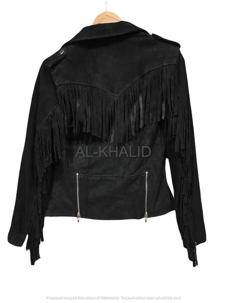 AL KHALID Dámská bunda z jehněčí kůže Pravá Černá Motocyklová S třásněmi Semišová Kůže Ručně šitá