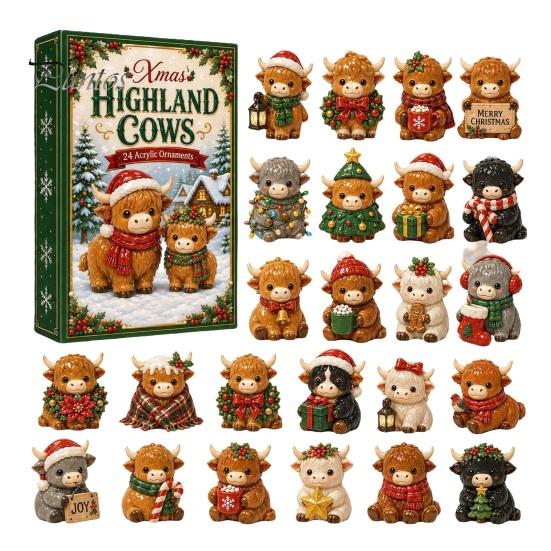 24-Tage-Countdown-Box Hochlandrind Adventskalender 2026, Weihnachten mit Acryl 2D Rinderliebhaber Geschenk Mini-Figur, Bauernhoftier Baumhänge-Dekoration für