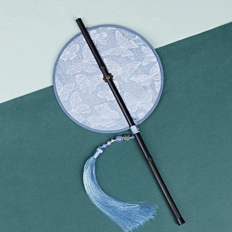 Chinese Ancient Style Black Bamboo Waist Fan Han Dynasty Circular Fan Chinese Style Long Handle Tassel Curling Folding Fan Classical Portable Wrist
