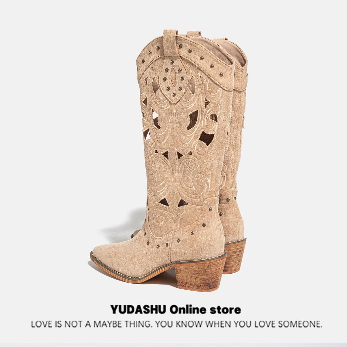 модные женские сапоги до середины голени в стиле вестерн на каблуках с вышивкой полые ковбойские сапоги для женщин осень-зима модные сапоги из искусственной кожи 2024 35 хаки 5716₽