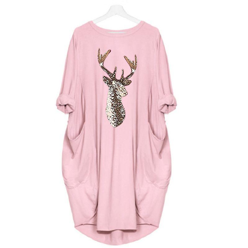 Women's Christmas Deer Pattern Printed Round Neck Dress With Full Sleeves And Stylish Design