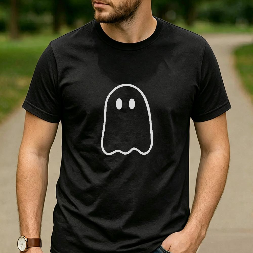 Minimalist Simple Line Ghost Graphic T Shirt Unisex Cotton Short Sleeve Cute Spooky Halloween Fall Black Casual Tee