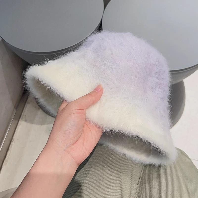 Fashion Rabbit Fur Patchwork Knit Bucket Hat Women Warm Fall Winter Large Head Size Face Slimming