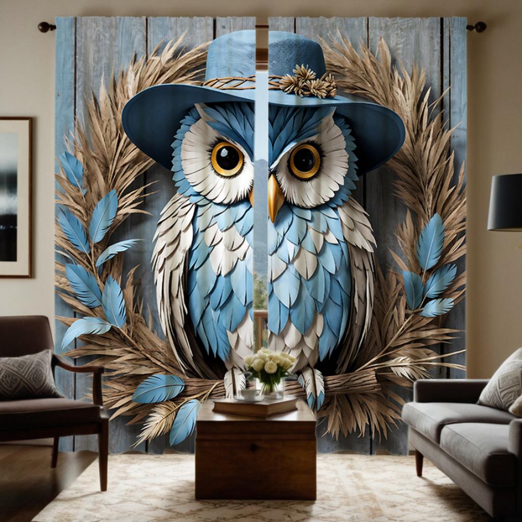 Set Of 2 Hd Garden Wind Straw Owl Decorative Curtain Blue Tie Digital Printed Home Decoration Style Living Curtains Made Polyester