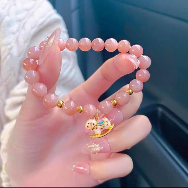

Peach Moonstone Beaded Bracelet with Cute Rocking Horse Charm,Kawaii Pink Gemstone Stretch Bracelet for Women