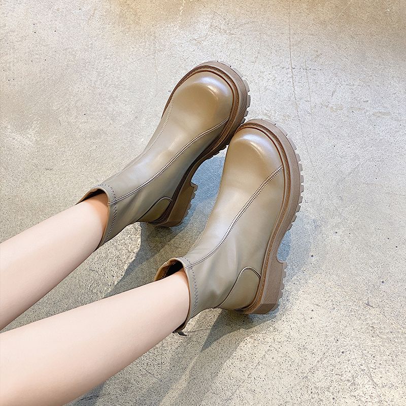 Round Toe Chunky Woman Short Shoes Autumn Winter Leather Waterproof Booties Fleece-Lined Ankle Boots for Women High Quality Boot