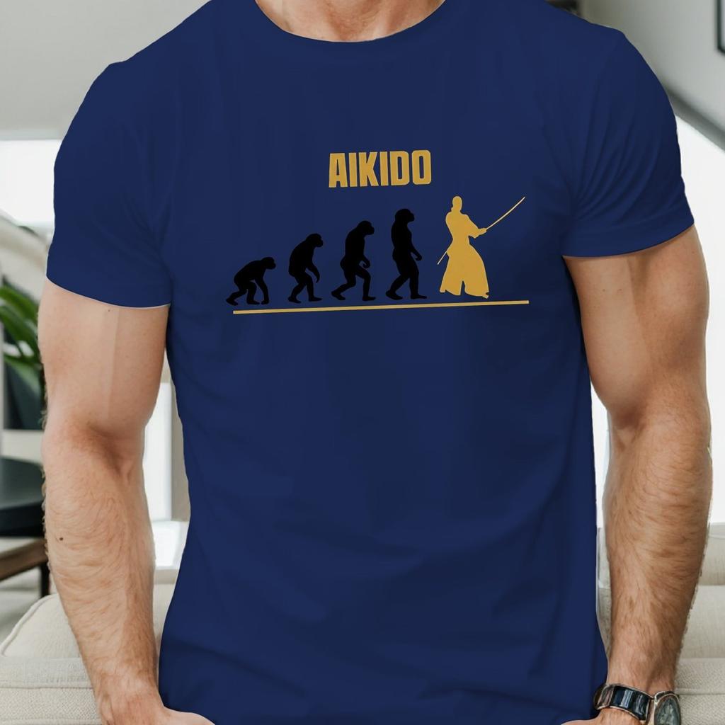 Aikido Evoluce Bojová Umění Grafické Tričko Pánské Ležérní Krátký Rukáv Prodyšná Bavlna Letní Tričko