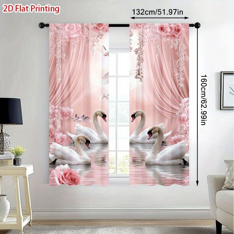 2PCS Digital Printed Curtains, Pink Rose Swan Lake Pattern, Beautiful Window Drapes for Living Room Bedroom Home Decor