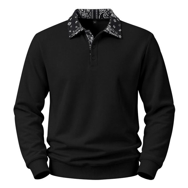 Mens Paisley Pattern Fleece Long Sleeve Polo Shirt American High Street Style