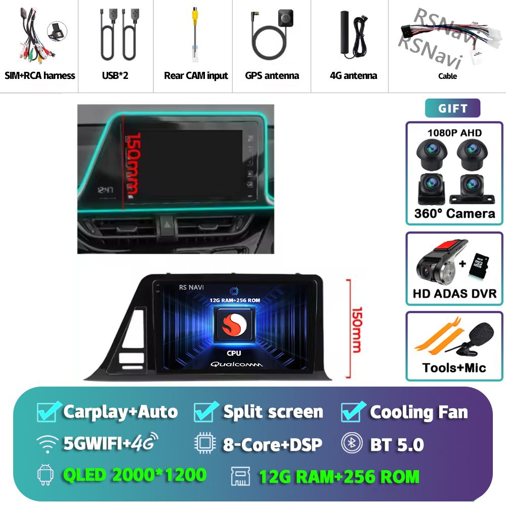 Android 14 Carplay Auto For Toyota C-HR 2016 - 2020 Car Radio Player Multimedia Stereo 360 Camera Navigation Video AI Voice GPS