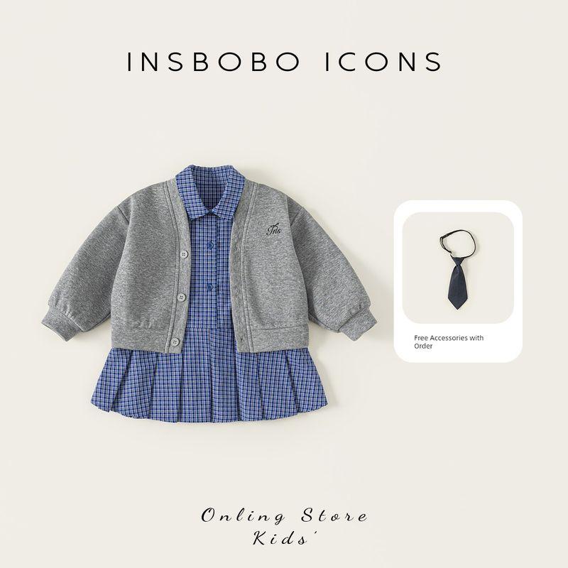 Insbobo Girls  Suit 2026 Spring New Stylish Clothes Baby Girl Plaid Skirt Suit Kidsren s Spring and Autumn Clothing Gray 100