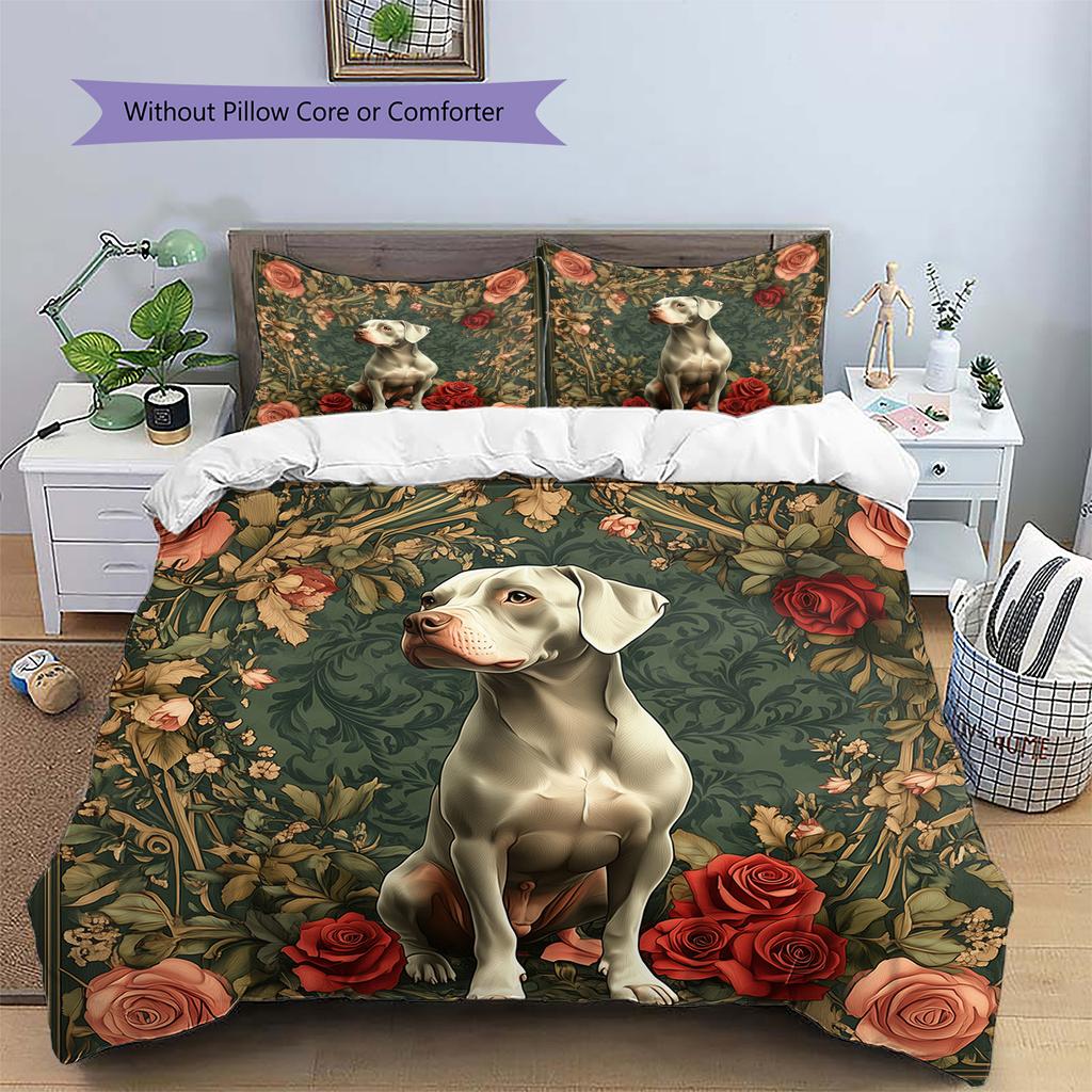 Cats and Dogs with Roses  Pattern Bedding Quilt Set  Home Decoration  Gift (1 * duvet cover + 2 * pillowcase, without core)