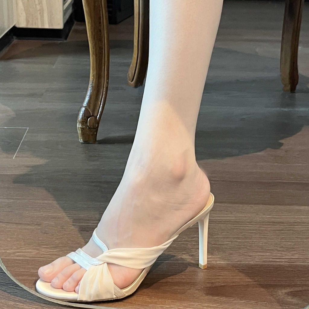 2024 Summer New Mesh Round Head One-word Strap Cross Strap Sandals Women's Thin Heel High Heel Cool Slippers Fairy Style