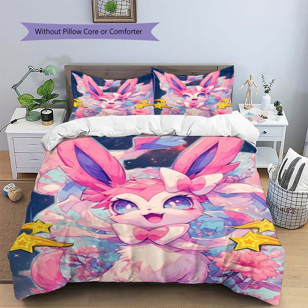 Poszewka na poduszkę i poszewka na kołdrę ze wzorem Sylveon Zestaw pościeli w stylu Anime Vintage do dekoracji sypialni Fajny prezent dla fanów.-TING