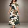 Women Plus Size Round Neck Keyhole Cutout Short Sleeve Blue Printed Maxi Dress
