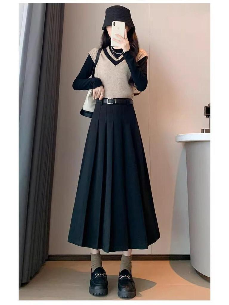 2026 Women's Petite High-Waisted Gray Wool Blend Pleated A-Line Skirt - Autumn Style