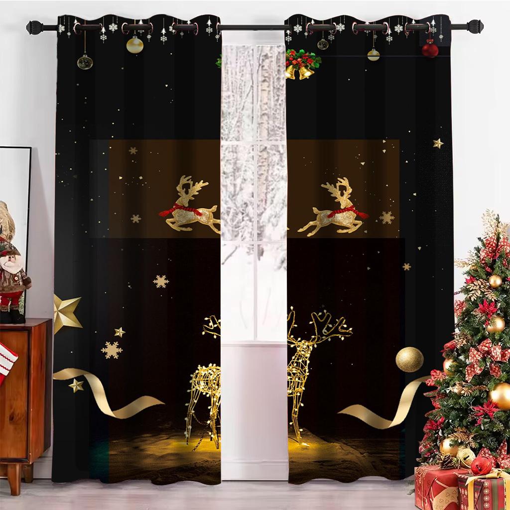 Vánoční závěsy 3D Zlatý vánoční strom Los Dekor Zatemňovací závěsy 2 Panely Deluxe Obývací pokoj Ložnice Domácí dekorace Závěsy