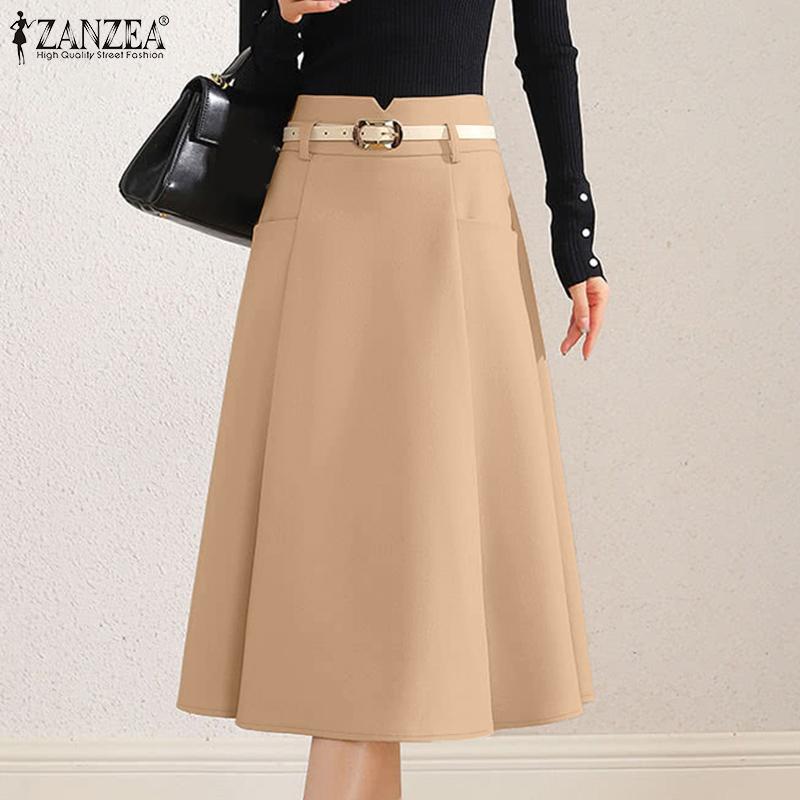 ZANZEA Fuste Midi Casual de Vară pentru Femei, Culoare Solidă