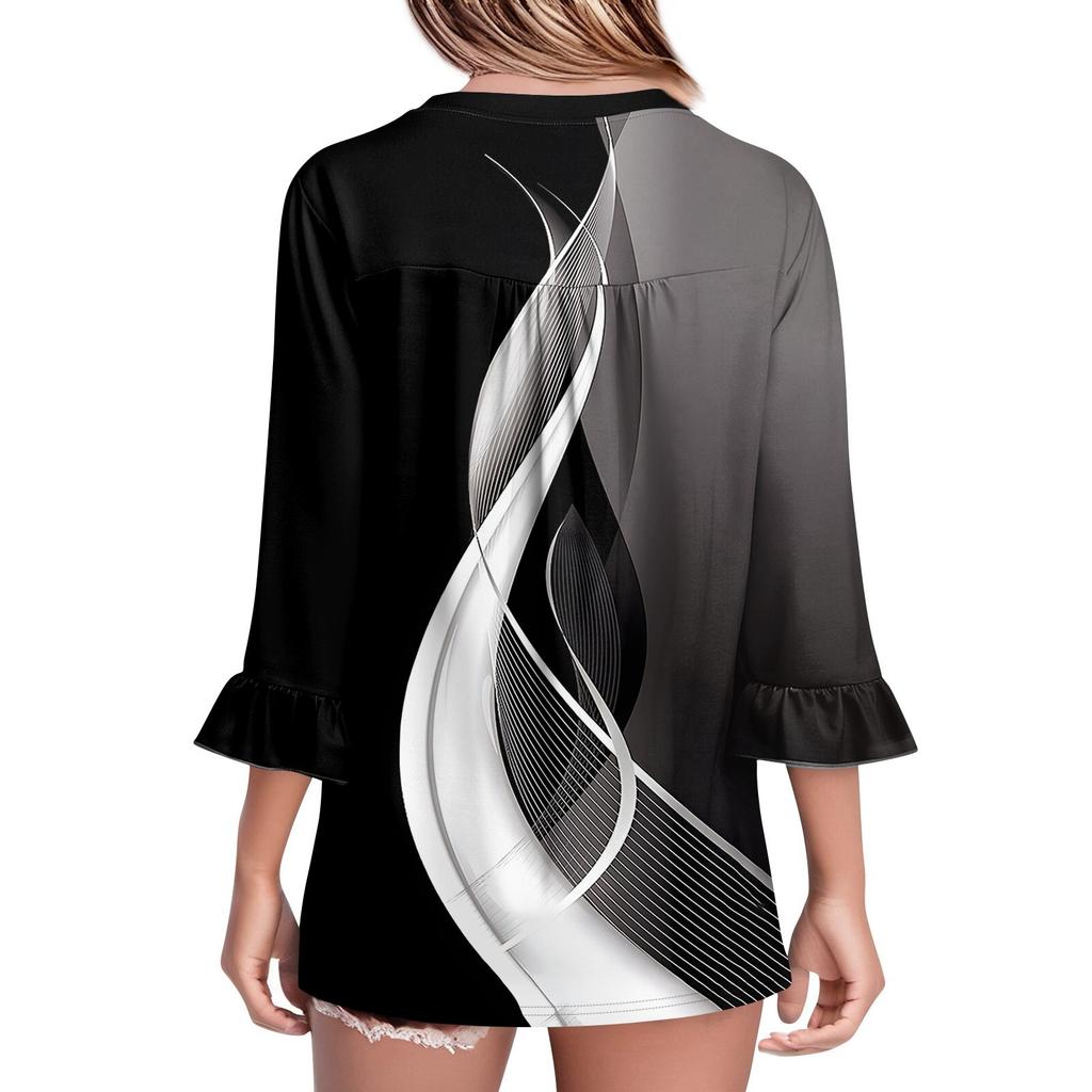 3/4-Ärmel Oberteile für Damen Lässige Rüschen V-Ausschnitt T-Shirts Arbeitsblusen Elegante Tunika-Oberteile