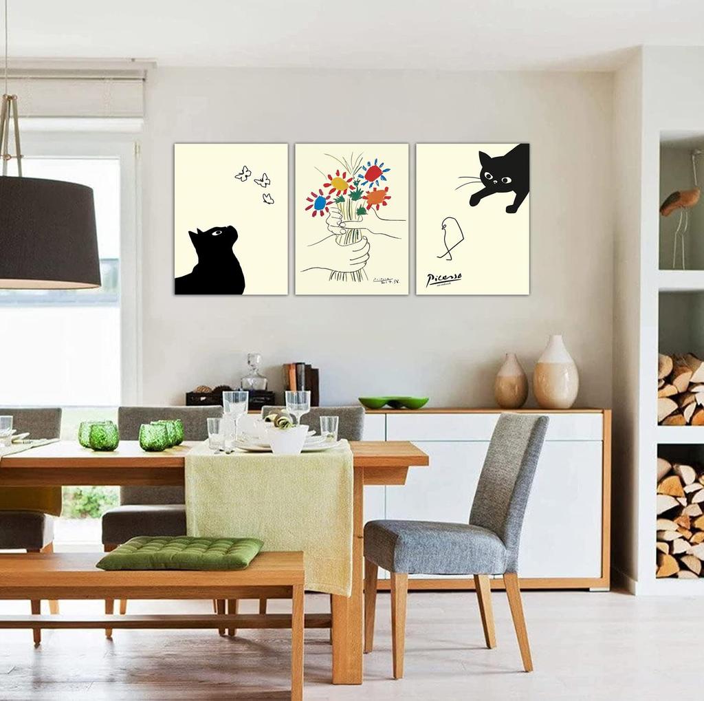 Picasso Cat Painting: Cat and Friendship Flowers, 3-Panel Art Poster, Decorative Painting for Living Room, Sofa Background, Wall Decor, with Wooden Fr